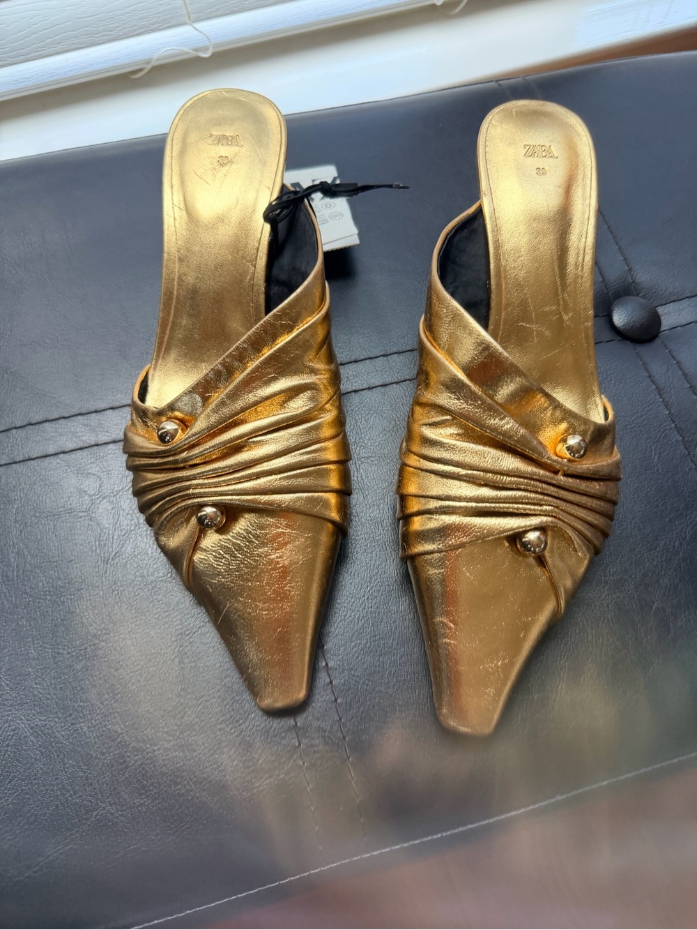 Zara Metallic Gold Pointed Slip-On Mules